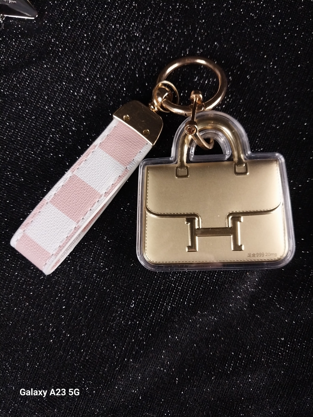 New Gold Handbag Charm/Keychain with Monogran Style Pink Check Strap & Letter H
